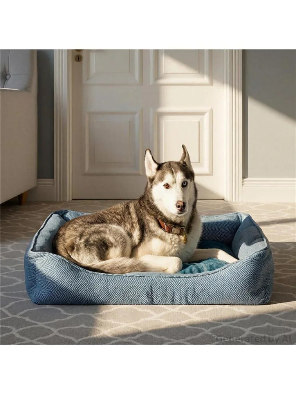 Large Flannel Waffle Texture Bolster Cat or Dog Bed Blue 27